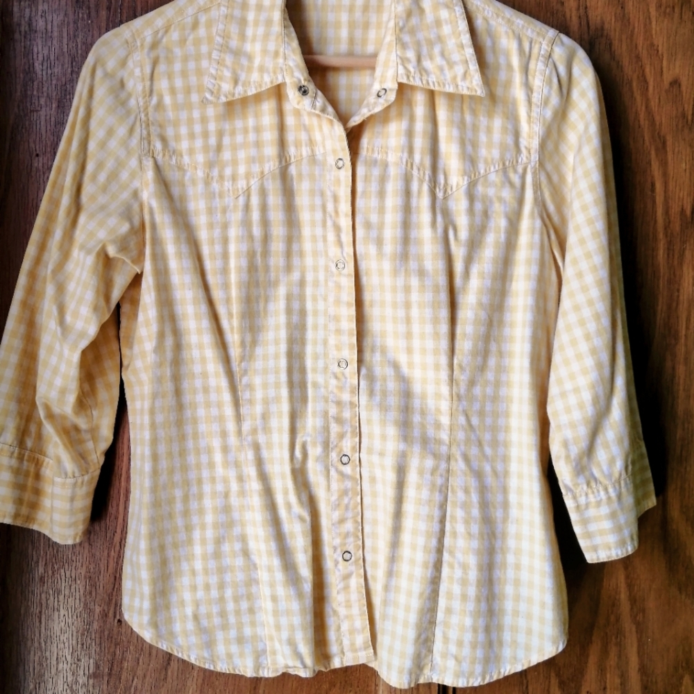 Vintage yellow and white gingham western shirt snaps (boys medium) women's xs-s